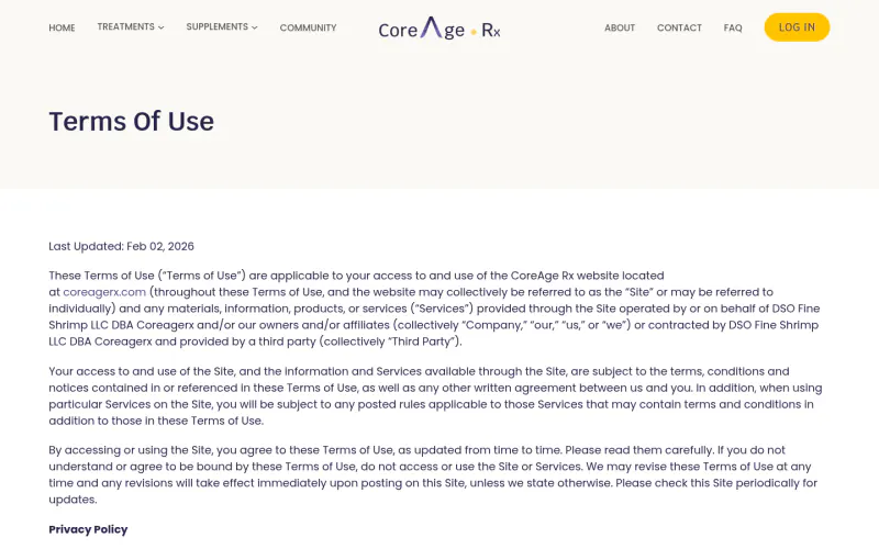 CoreAge Rx terms page screenshot