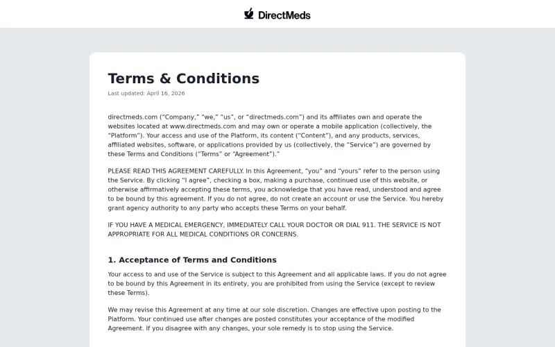 Direct Meds terms page screenshot
