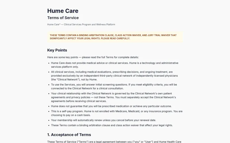 Hume Care terms page screenshot