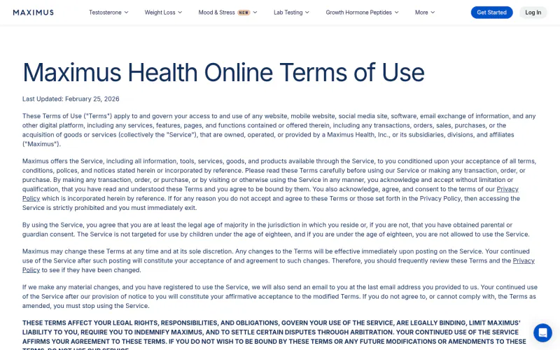 Maximus terms page screenshot