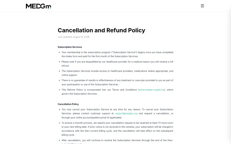 MEDGm refund policy page screenshot