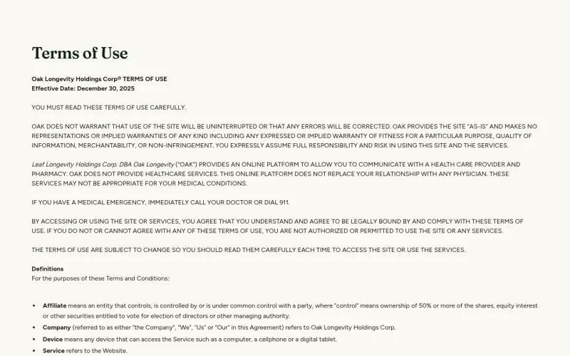 Oak Longevity terms page screenshot