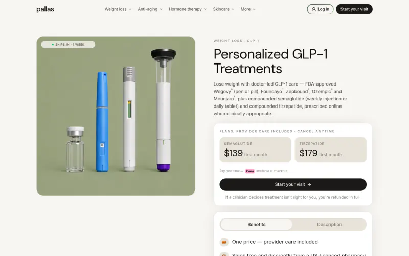 Pallas Health pricing page screenshot
