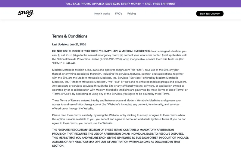 SnagRx terms page screenshot