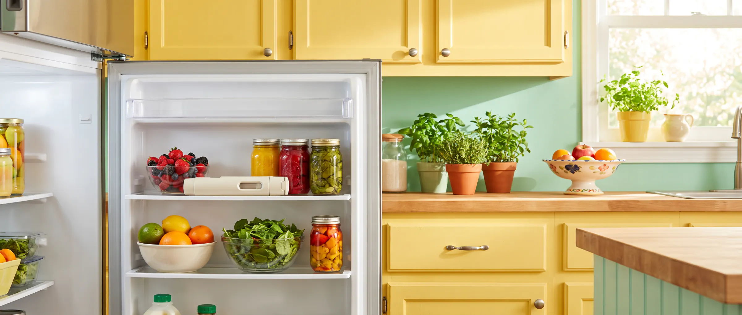 A bright kitchen with an open refrigerator full of colourful food, a plain injection pen on the shelf