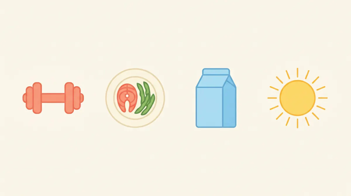 Dumbbell, protein-rich plate, dairy, and sunlight — the four-part protocol for protecting muscle and bone during GLP-1 weight loss