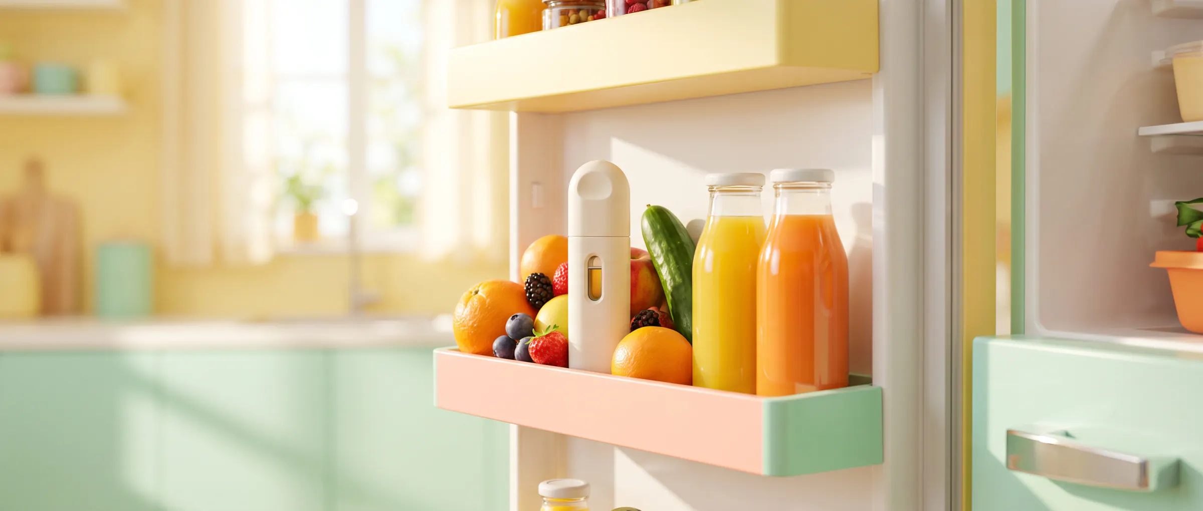 An open refrigerator door with a plain injection pen on the door shelf among colourful food