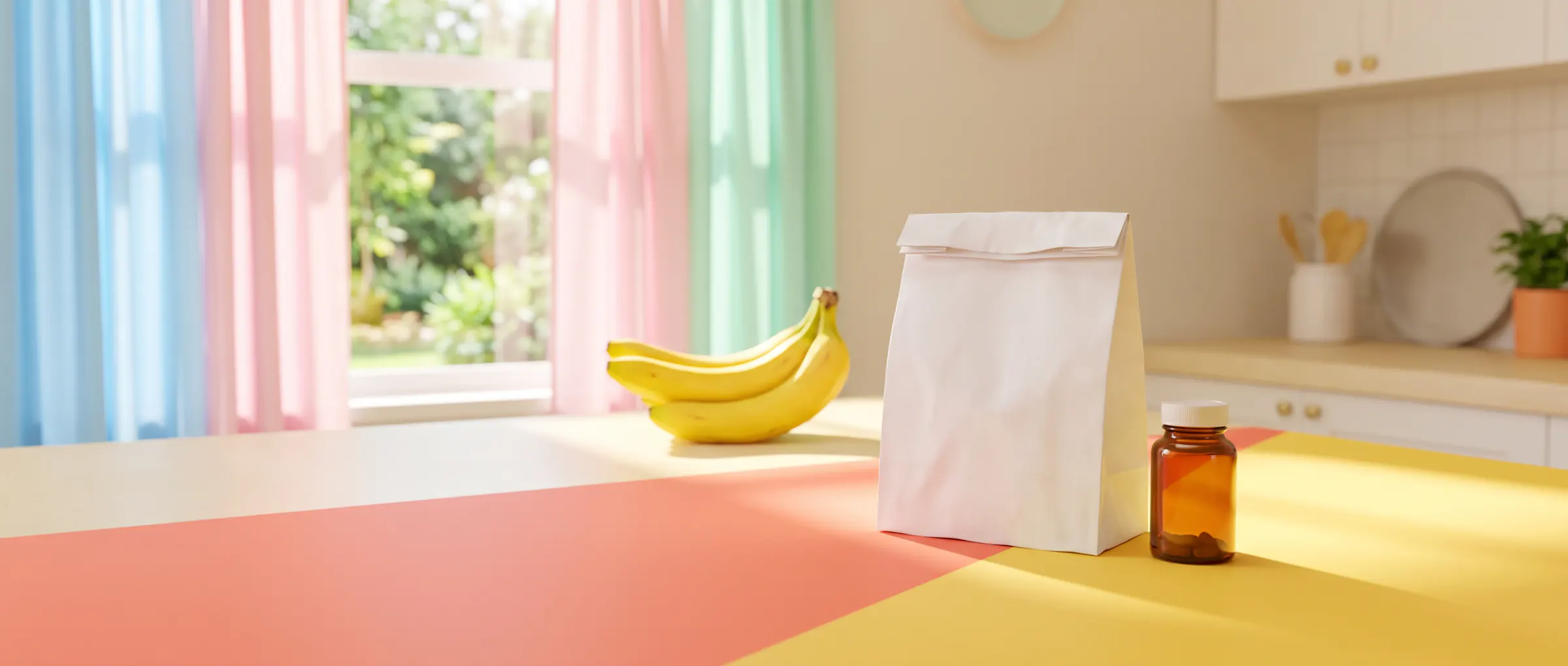 A paper pharmacy bag and a small plain bottle on a bright counter